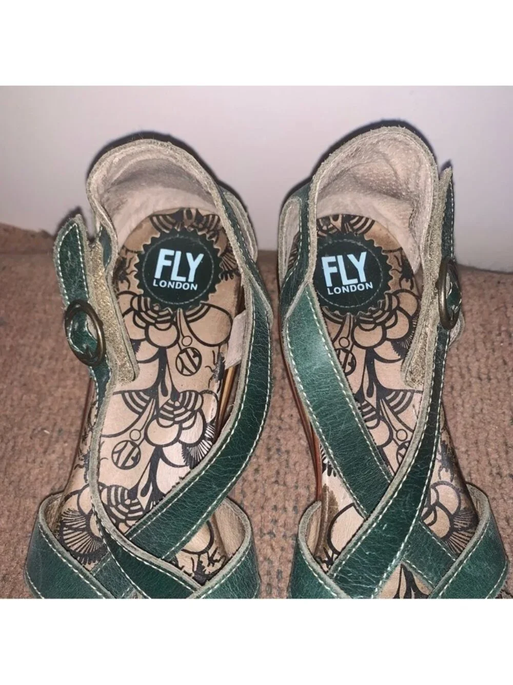 Fly London Teal Leather Wedge Sandals